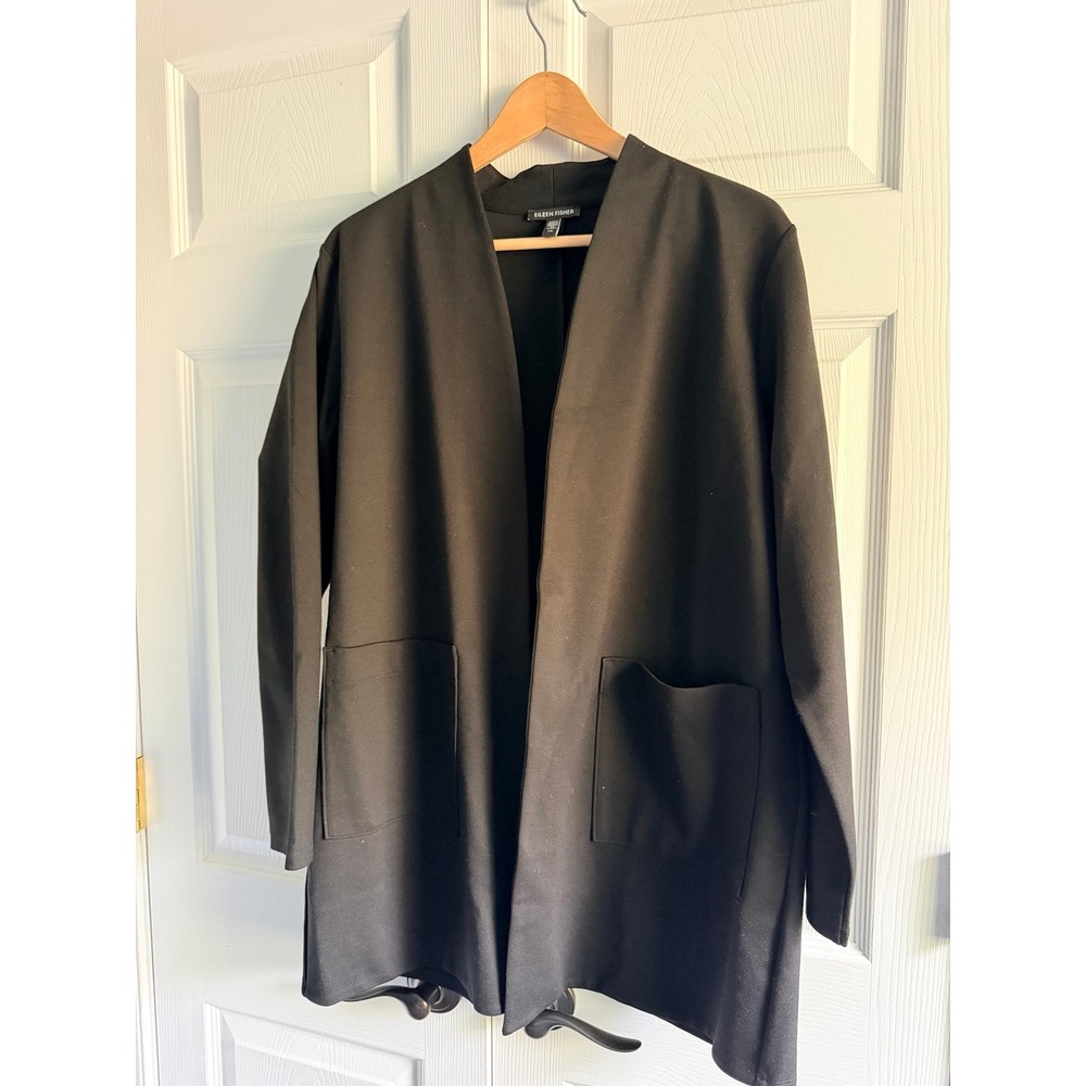 Eileen Fisher Black Tencel Blend Open Front Cardigan Jacket Pockets Size L